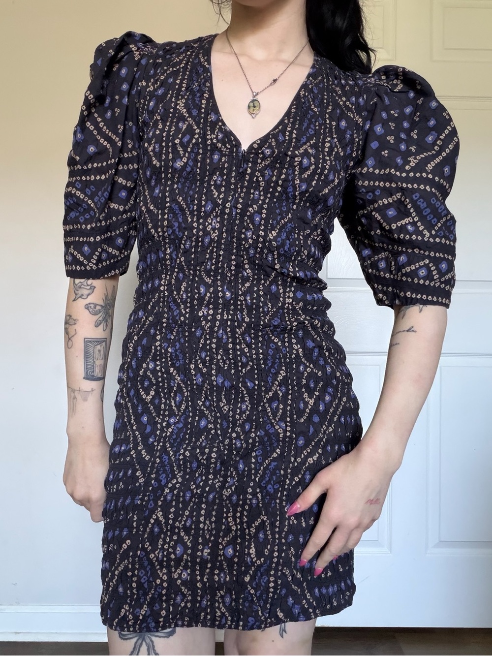 Sea New York Black Mini Dress with Blue Geometric Print Medium